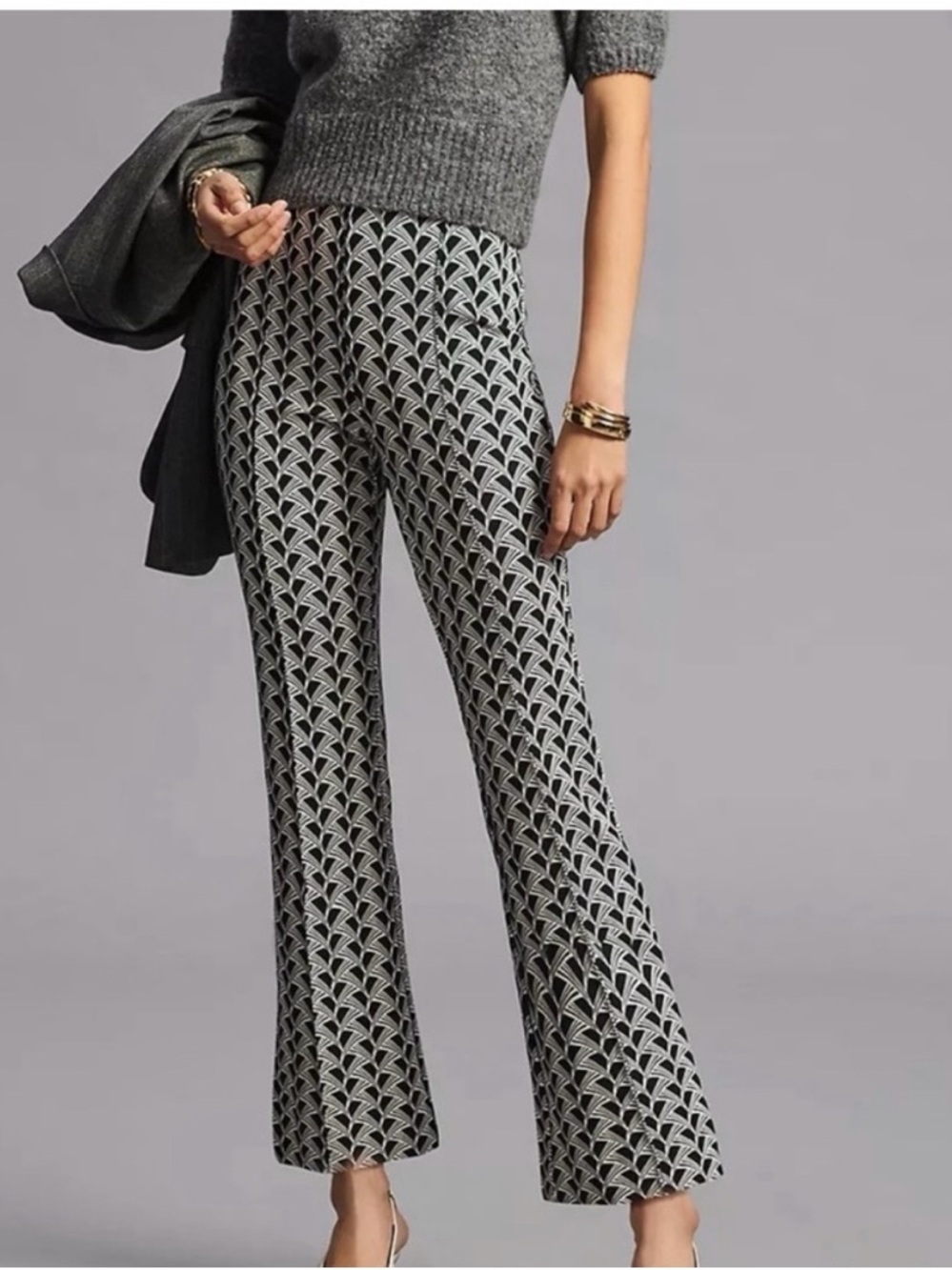 Anthropologie- Maeve Margot Black & White Geometric Boot-Cut Knit Pants